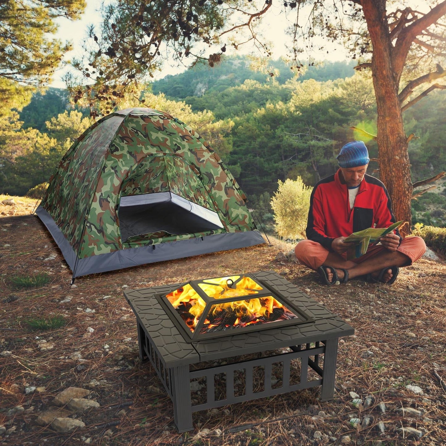 Fire Pit, Square Outdoor Metal BBQ Patio Backyard Camping Fireplace for Grilling, Camping and Outdoor Meals