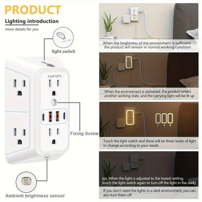 Outlet Splitter Wall Expander 10-in-1 with 6 AC Outlets 2 USB-A 2 USB-C Ports 3-Sided Plug for an Everyday Personal Care Routine