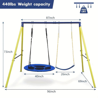 Heavy Duty A-Frame Metal Swing Set for Backyard with 2 Swings Slide Glider Seesaw Disc Seat Outdoor Playset for Kids Toddlers Backyard Play