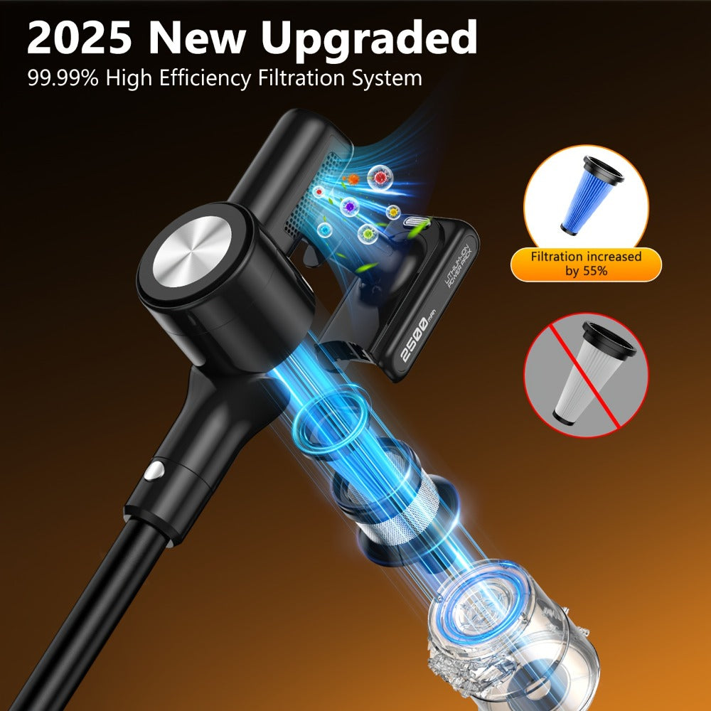 Cordless Stick Vacuum Cleaner 45KPA 8-in-1 with Anti-Tangle Brush Green Light Detection for Carpet Pet Hair Hardwood Tile Floor