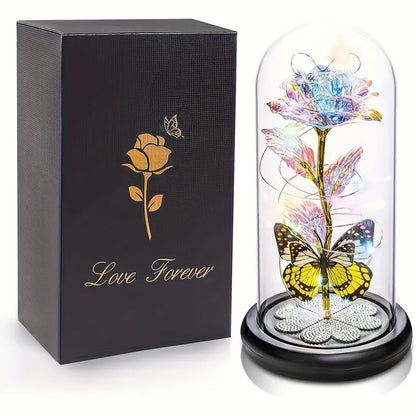 Glass Rose Crystal Flower in Glass Dome with LED Glow - Eternal Galaxy Rose Gift for Women, Mom, Wife