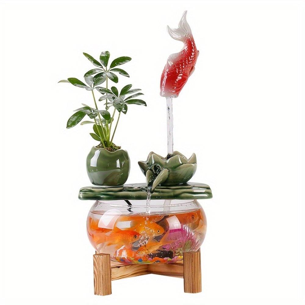 USB Desktop Fish Waterfall Fountain with Glass Bowl, Relaxing Indoor Water Feature Tabletop Decor Zen Fountain Gift