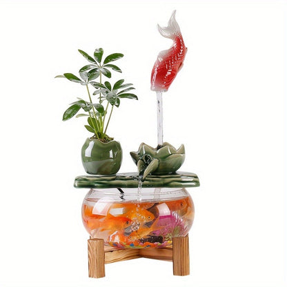 USB Desktop Fish Waterfall Fountain with Glass Bowl, Relaxing Indoor Water Feature Tabletop Decor Zen Fountain Gift