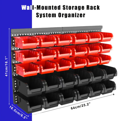 Wall Mounted Storage Bin Rack System, Small Parts Organizer for Screws, Nuts, Bolts & Nails, Stackable Garage Workshop Tool Storage Rack