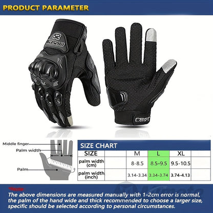 Full-Finger Motorcycle Gloves with Segmented Knuckle Shell, Wrist Tabs, Black or Red in M to XL