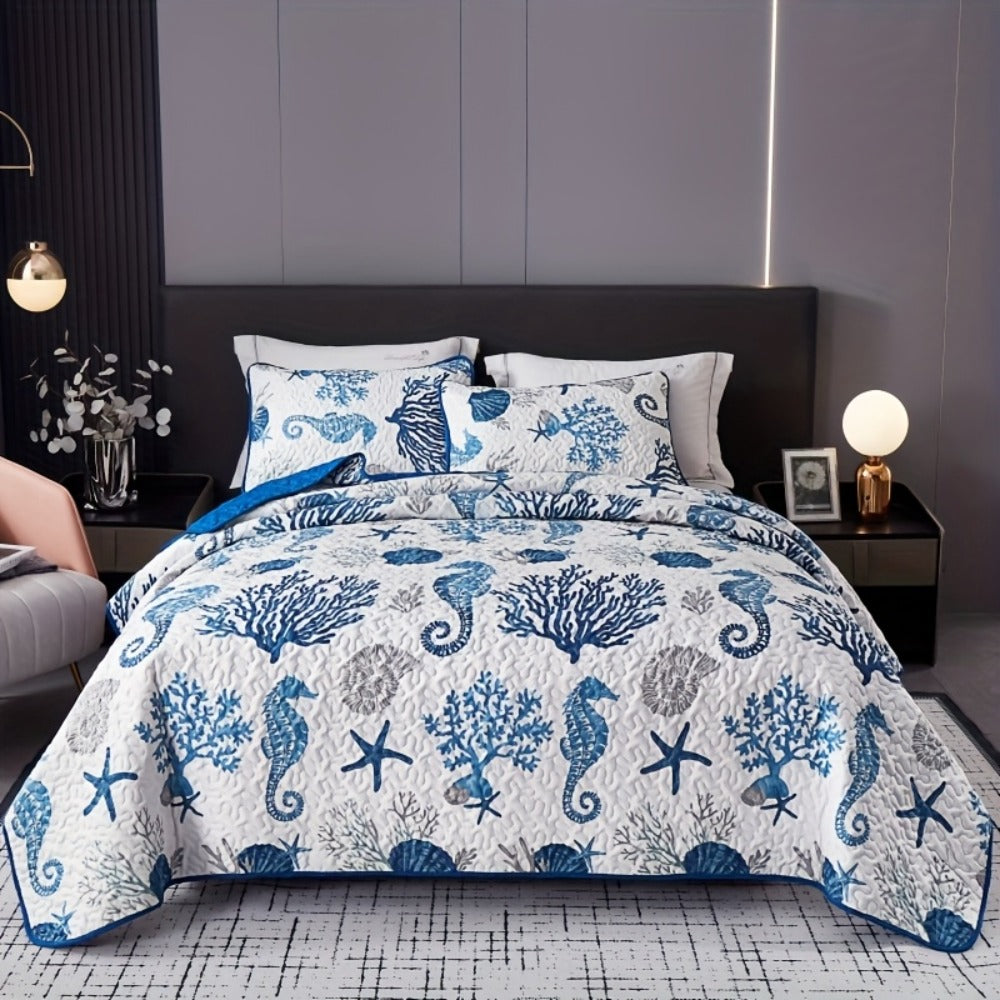 Duvet Cover Set 3 Piece Ocean Style Seahorse Coral Pattern Soft Breathable Microfiber Bedding Set with 2 Pillowcases Machine Washable