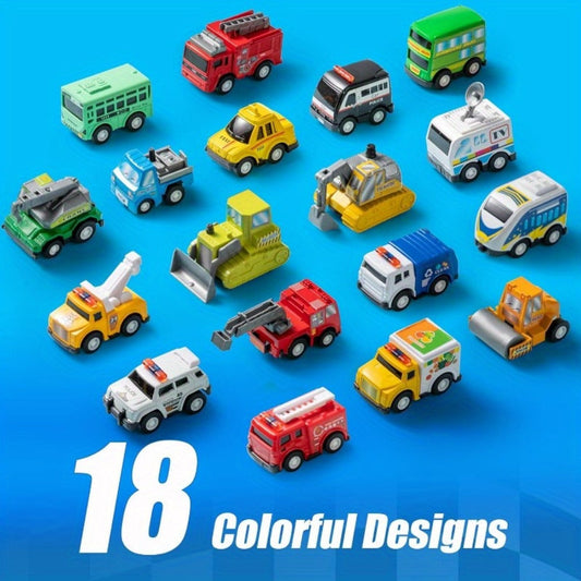 18-Piece Pull Back Mini Cars Set for Kids, City Vehicles Fire Truck Police Car School Bus Freight Train