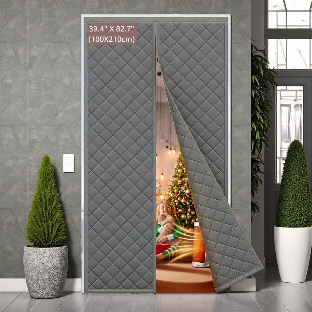 Thermal Insulated Door Curtain Magnetic Closure Knit Plaid Pattern – Windproof Insulation Blanket for Front Door, Sliding Glass