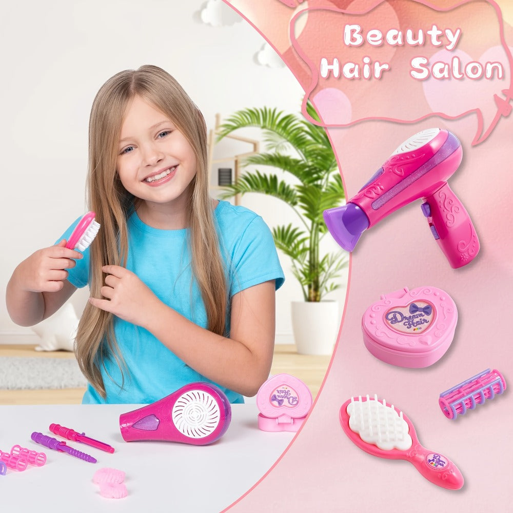Girls Beauty Salon Toy Set 17 PCS, Pretend Play Hair Stylist Kit with Working Hairdryer Mirror Curling Wands Combs Clips & Jewelry Box