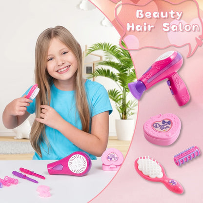 Girls Beauty Salon Toy Set 17 PCS, Pretend Play Hair Stylist Kit with Working Hairdryer Mirror Curling Wands Combs Clips & Jewelry Box