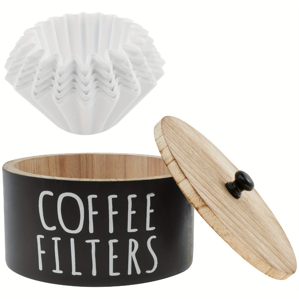 Wooden Coffee Filter Holder with Lid – Large Capacity Rustic Round Organizer Dispenser for Coffee Filters & Tea Bags, Bamboo Lid