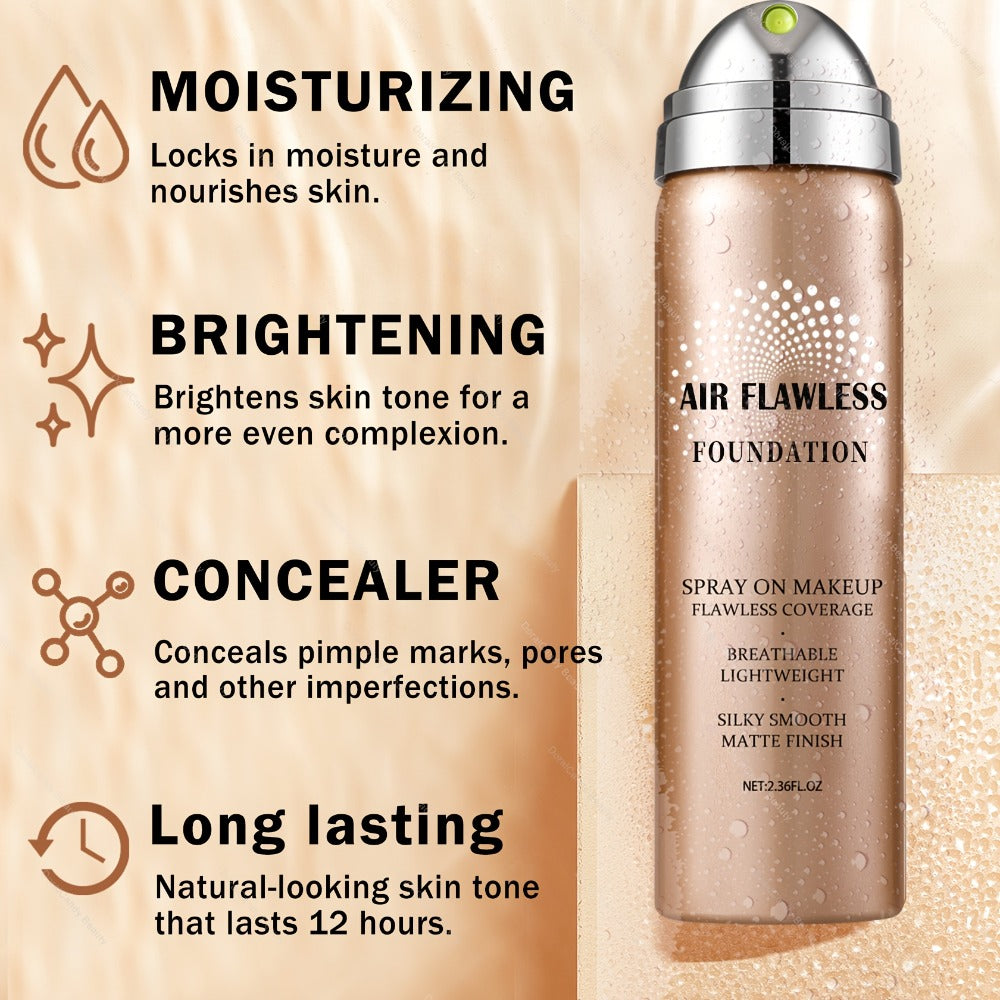 Full Coverage Liquid Foundation Airspray Kit Buildable Formula 6 Shades – Natural Beige Nude Porcelain Tan Medium Natural Satin Finish