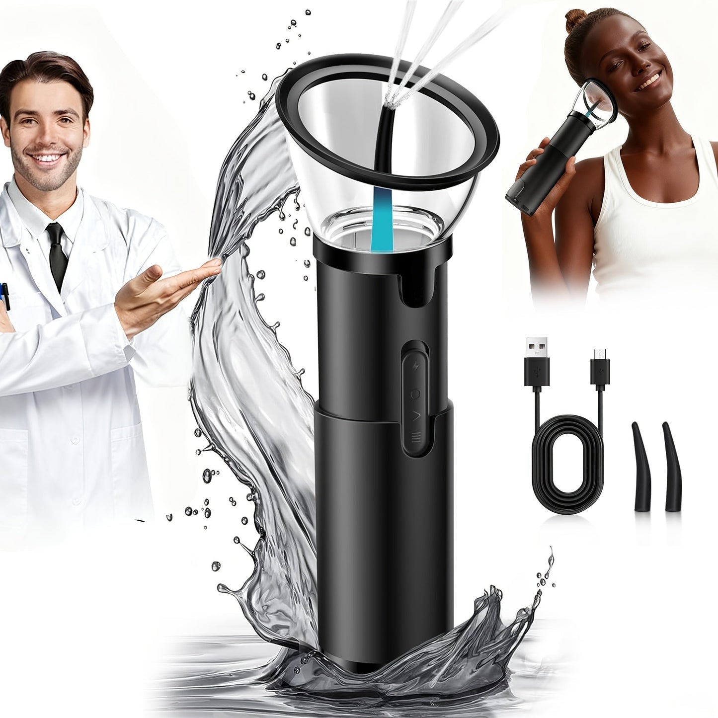 Rechargeable Ear Irrigation Cleaning System with Dual Water Tank, Interchangeable Tips and Two Checkout Models