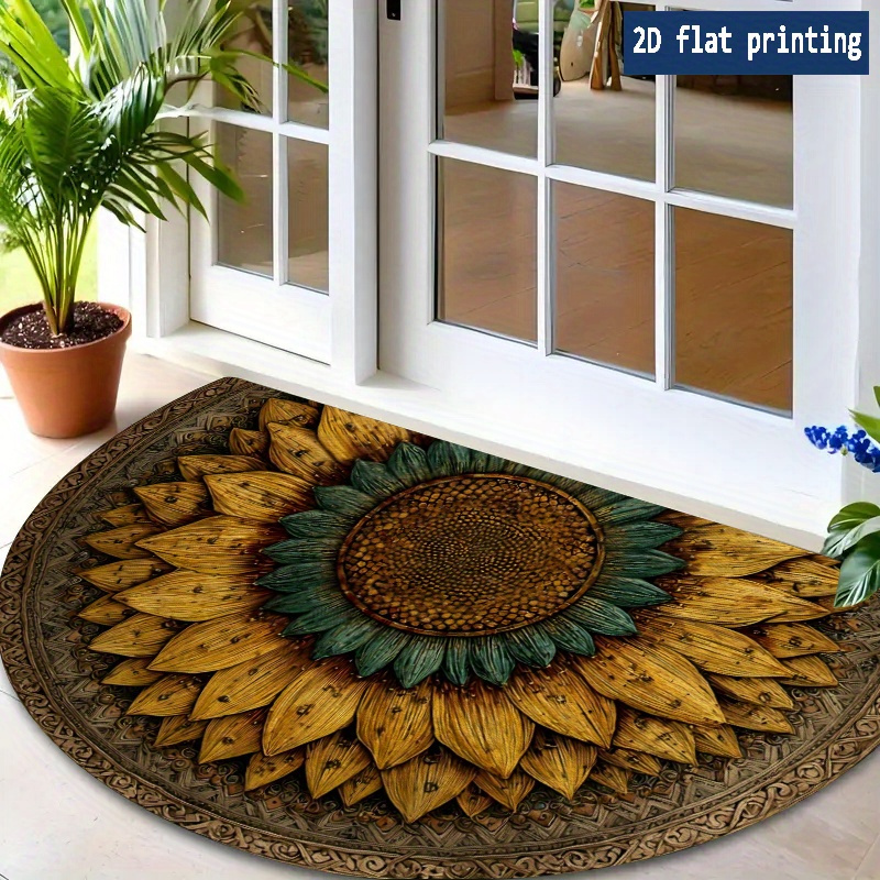 Sunflower Mandala Door Mat with Half-Round Shape, Flat Printed Surface and Three Entryway Sizes