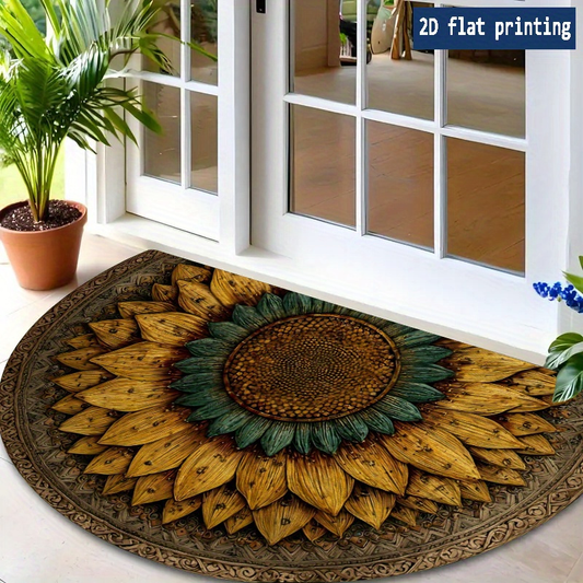 Sunflower Mandala Door Mat with Half-Round Shape, Flat Printed Surface and Three Entryway Sizes
