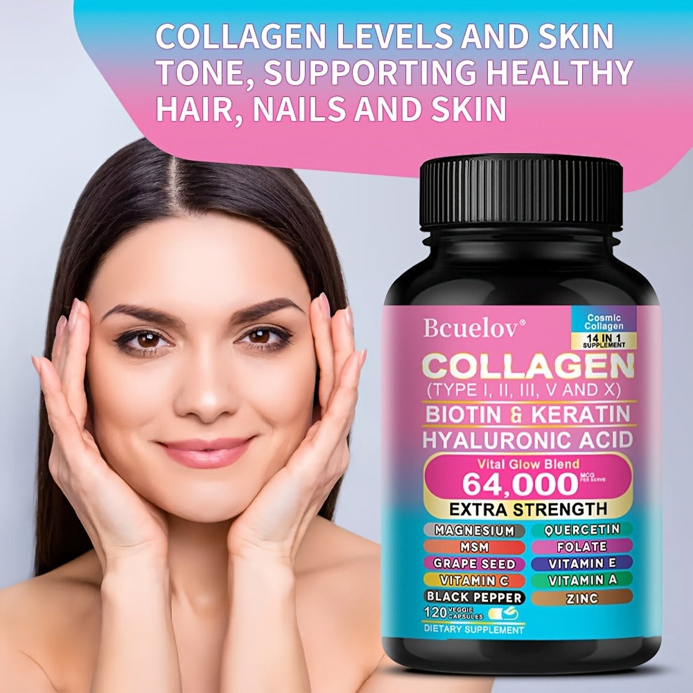 Collagen Capsules Types I II III V X with Biotin Keratin Hyaluronic Acid, Supports Skin Elasticity Hair Growth & Nail Strength