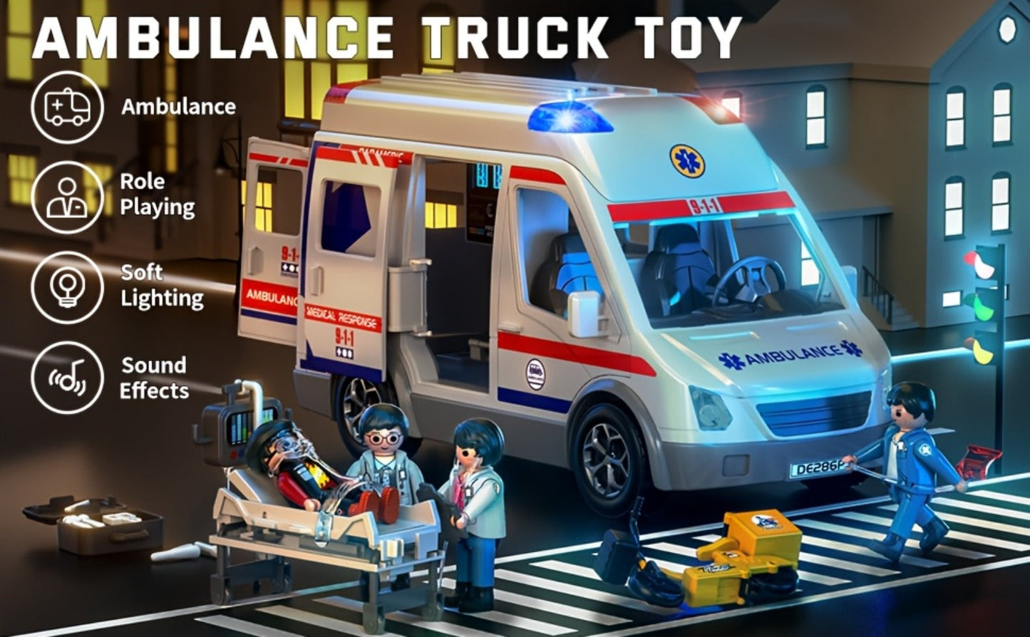 Ambulance Toy Playset for Kids Ages 3-8, Realistic Friction-Powered Emergency Vehicle with Flashing Lights & Siren Sound