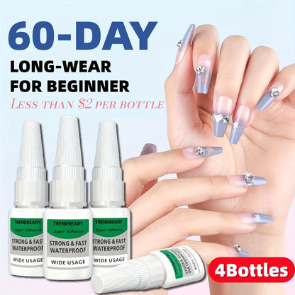 60+ Day Hold Nail Glue 4 Bottles 20g Each Super Strong Extra Hold Fast Drying No Lamp Needed Heavy Duty Adhesive for Press On Nails Fake