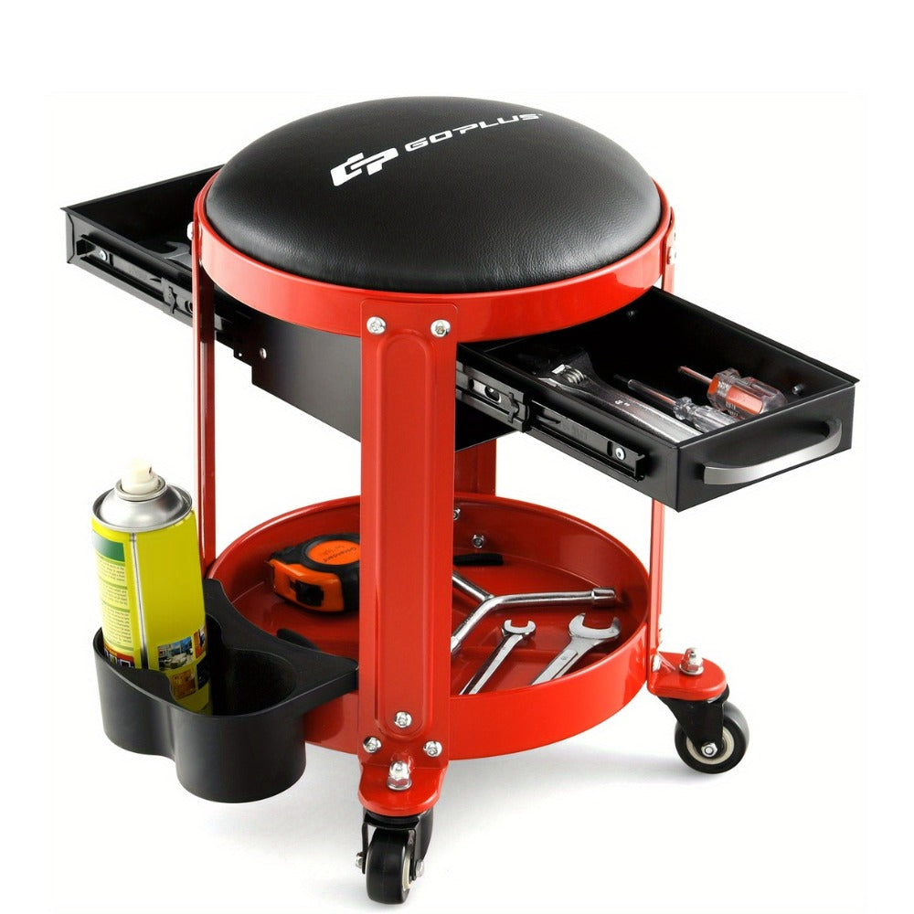 Rolling Workshop Stool with Drawers – 330 lb Mechanic Seat with 2 Storage Drawers, Cup Holders, Tool Tray