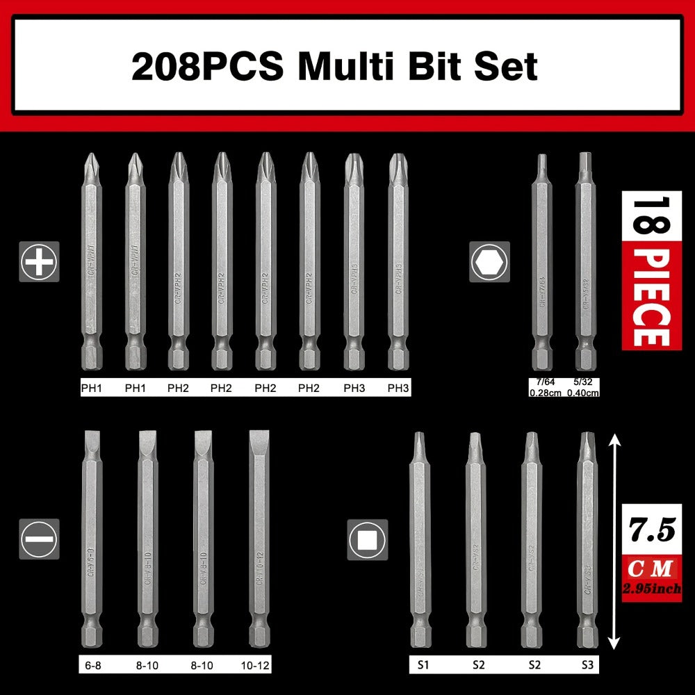 208-Piece Screwdriver Bit Set Impact Driver Kit – S2 Steel Torx Phillips Square Hex Nut Driver with Toolbox for Drill Power Tool DIY Auto
