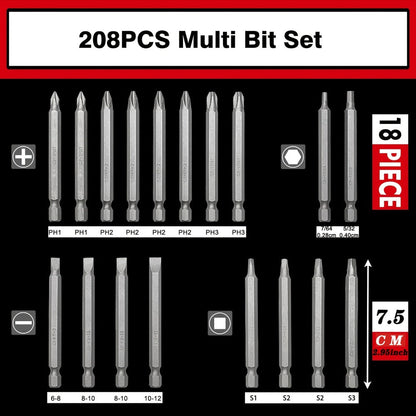 208-Piece Screwdriver Bit Set Impact Driver Kit – S2 Steel Torx Phillips Square Hex Nut Driver with Toolbox for Drill Power Tool DIY Auto