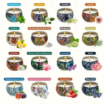 16-Piece Decorated Tin Candle Gift Set with Assorted Scent Labels and Pictured 2.5 oz Size