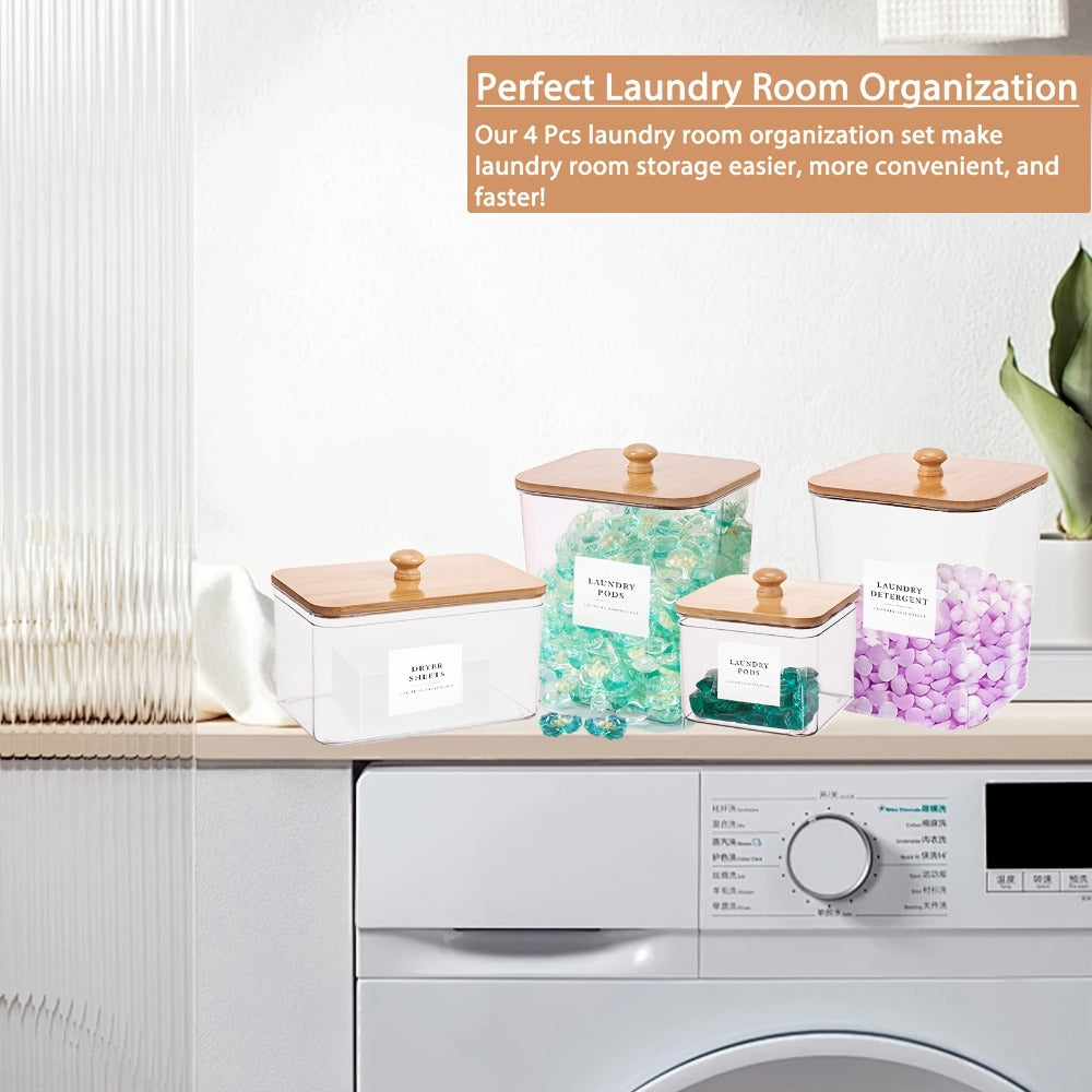 Laundry Pod Containers Set of 4 with Lids Scoops and Labels for Entryways, Bedrooms and Living Spaces