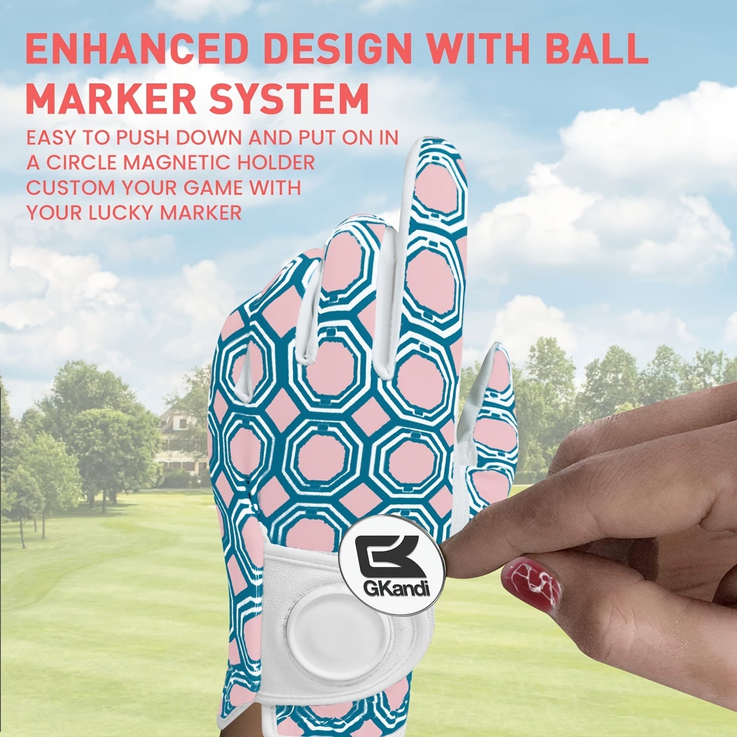 Women's Golf Gloves Left Hand with Ball Marker – All-Weather Grip Leather Golf Glove for Ladies Right-Handed Golfers, Colorful Design