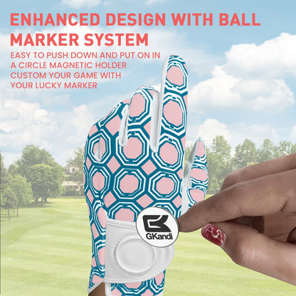 Women's Golf Gloves Left Hand with Ball Marker – All-Weather Grip Leather Golf Glove for Ladies Right-Handed Golfers, Colorful Design