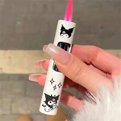 Kawaii Windproof Lighter Sanrio Kuromi Hello Kitty Pink Flame Cylindrical Lighter Luminous for Entryways, Bedrooms and Living Spaces
