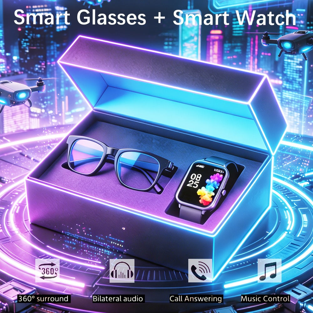 Smart Glasses and Full-Touch Smartwatch Bundle with Multi-Language Photo Translation, Calls and Music
