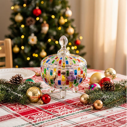 Crystal Glass Candy Dish with Lid & Tongs – Hand-Painted Colorful Candy Box, Jewelry Storage Jar, Christmas Gift for Family & Friends |