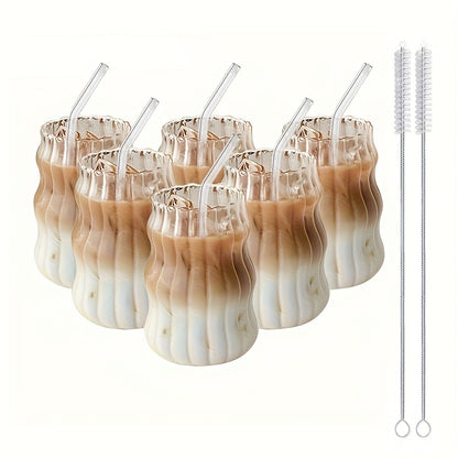 Cloud-Shaped Glass Cup Drinkware Set, 18oz U-Curve Cups with Glass Straws, Brushes and Lid Options in 4 or 6 Pieces