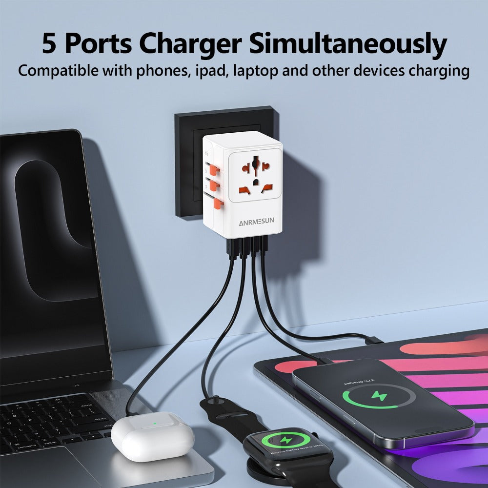 65W Universal Travel Adapter with 4 USB Ports - 2 USB-C & 2 USB-A Fast Charging, US EU UK AU Plugs