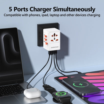 65W Universal Travel Adapter with 4 USB Ports - 2 USB-C & 2 USB-A Fast Charging, US EU UK AU Plugs