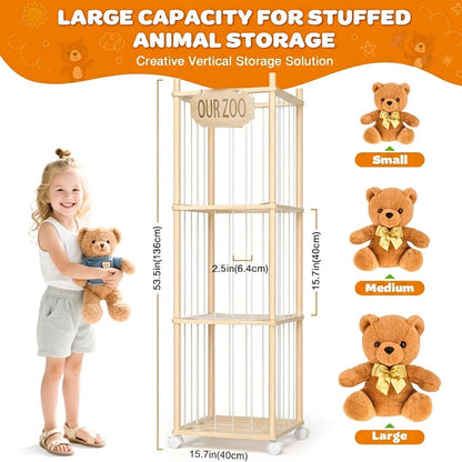 Stuffed Animal Storage Tower Wooden Zoo Cage Design Large Plush Toy Organizer Holder for Kids for Entryways, Bedrooms and Living Spaces