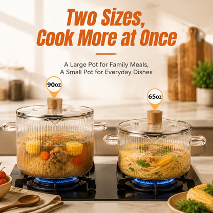 Glass Saucepan Set 2-Pack Stovetop Safe Borosilicate Ribbed Pots with Lids – 78oz & 54oz Heat Resistant Cookware for Soup, Ramen
