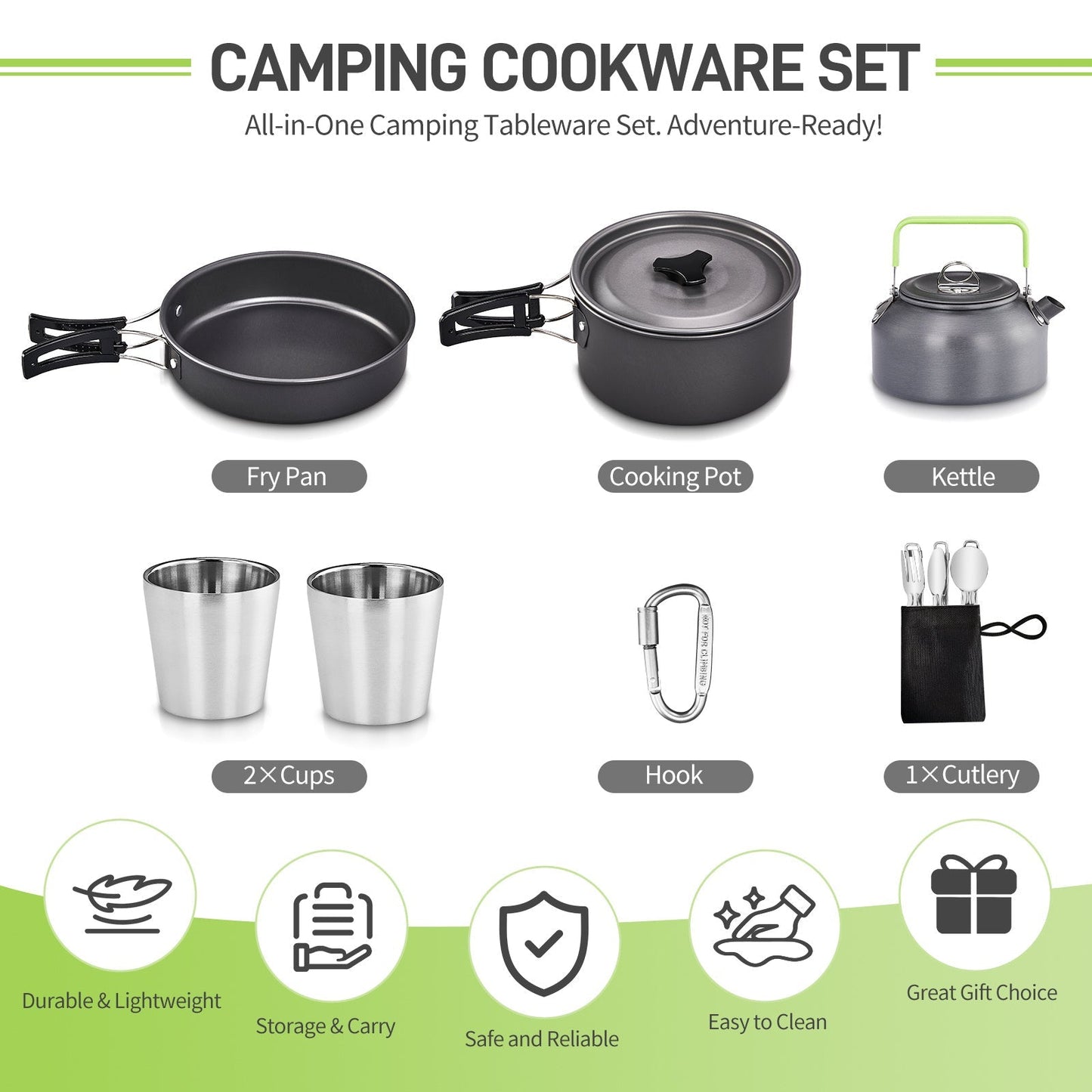Camping Cookware Set, 19- or 27-Piece Coated Aluminum Mess Kit with Pot, Pan, Kettle, Cups, Plates and Cutlery