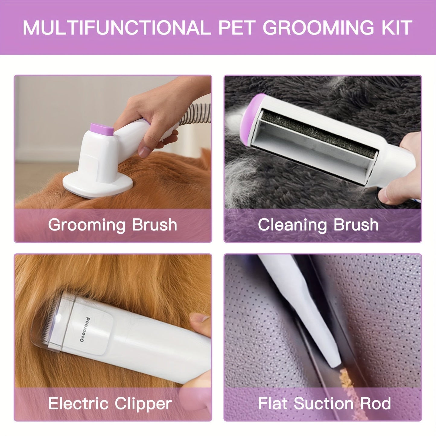 Pet Grooming Vacuum Kit with 2.5L Collection Cup, Electric Clipper, Hose and Four Pictured Tool Attachments