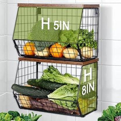 Stackable Metal Wire Fruit Basket with Lid, 1 or 2-Tier Hanging Kitchen Pantry Storage Bin