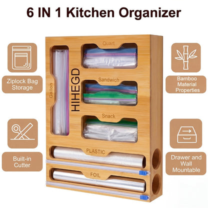 Bamboo Wrap Dispenser Kitchen Organizer 6-in-1 Bag Storage Box with Dual Cutters for Drawer or Wall