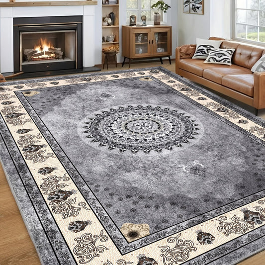 Area Rug Bohemian Persian Velvet Floral Design in Six Machine-Washable Sizes for Living Spaces