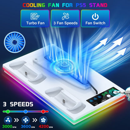 10 RGB Lights PS5 Cooling Stand with 3-Level Fan, Dual Controller Charging Station, USB Hub & Type-C Port