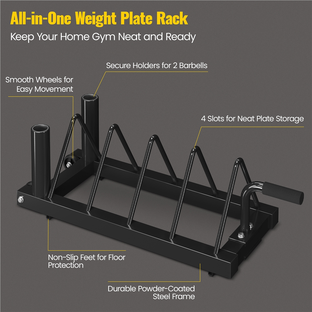 Barbell & Weight Plate Storage Rack with Wheels & Handle – 300 lb Capacity, 2 Barbell Holders, 4 Plate Slots