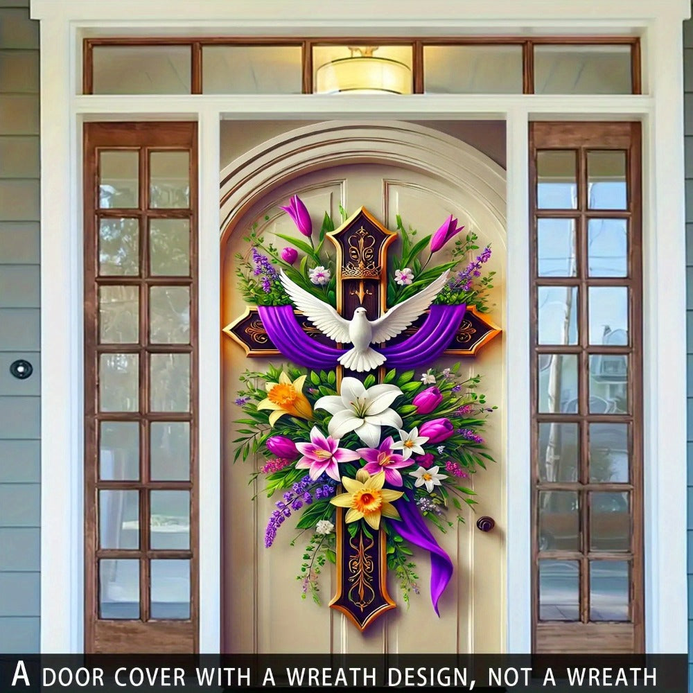 Easter Door Curtain Decoration 35.4x70.8 Inch, Colorful Spring Door Hanging with Dove Floral Cross Pattern