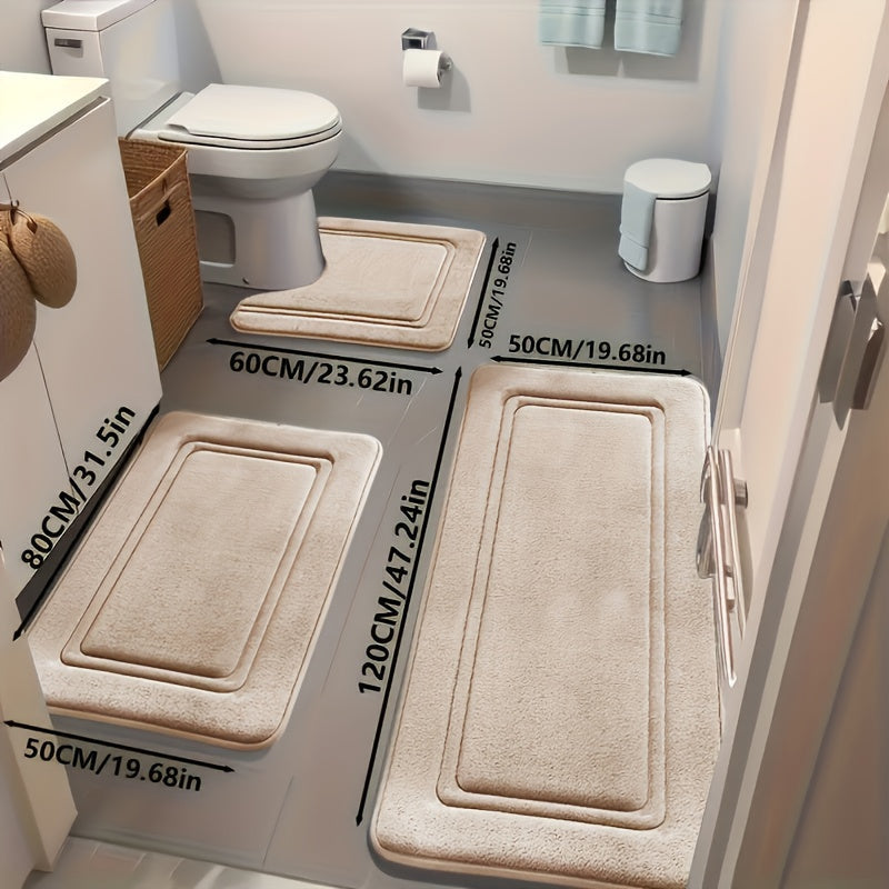Three-Piece Bathroom Mat Set with 50 × 120, 50 × 80 and 50 × 60 cm Rugs in Five Solid Colors
