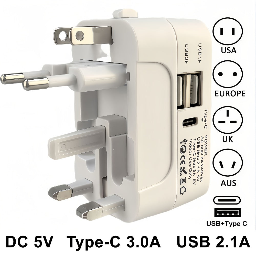 Universal Travel Adapter with Surge Protection - 2 USB & Type-C Ports, All-in-One International Plug for 350+ Countries