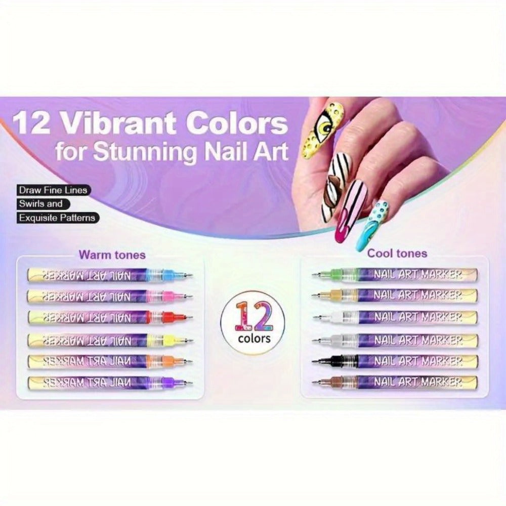 Metal Rod Nylon Brush Nail Art Pen Set 12 Colors – Acrylic Paint Pens for 3D Doodle Dot & Stitching Nail Design