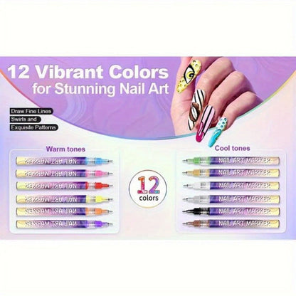 Metal Rod Nylon Brush Nail Art Pen Set 12 Colors – Acrylic Paint Pens for 3D Doodle Dot & Stitching Nail Design