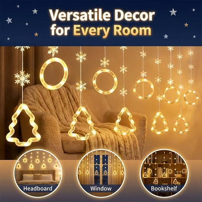 String Lights, 118-Inch USB Holiday Curtain with Ten Snowflake or Star-and-Tree Drops for Indoor Display
